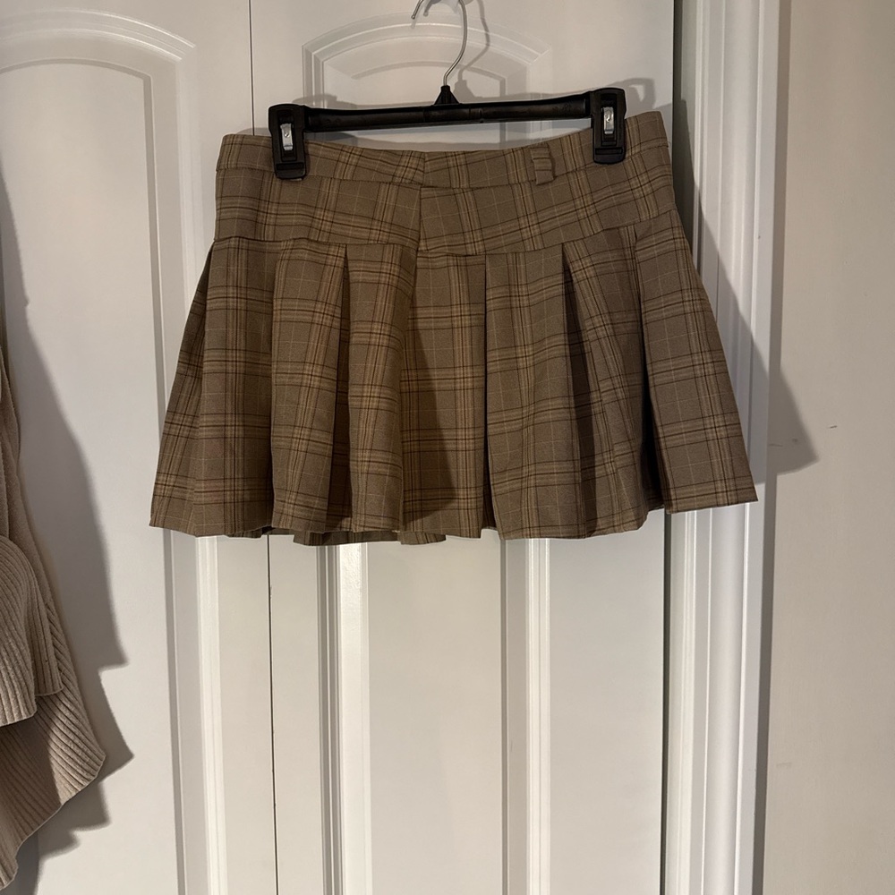 Brown and Tan Pleated Skater Mini Skirt